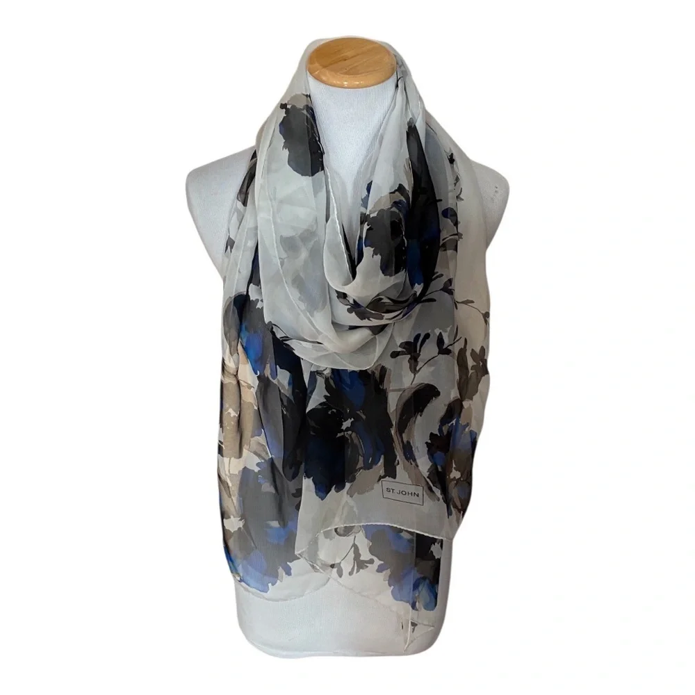 Vintage ST. JOHN Silk Chiffon Sheer Watercolor Floral Abstract Scarf Large 24x76